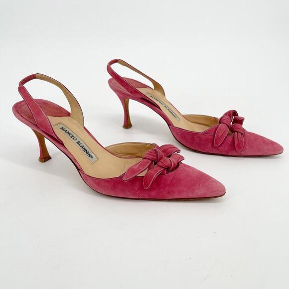 Vintage Manolo Blahnik Pink Suede Knotted Bow Pointed Toe Slingback Pump IT 39.5 - Picture 1 of 10